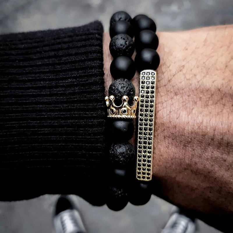 Wholesale Vintage Black Frosted Zircon Crown Dice Lion Head Bracelet Set
