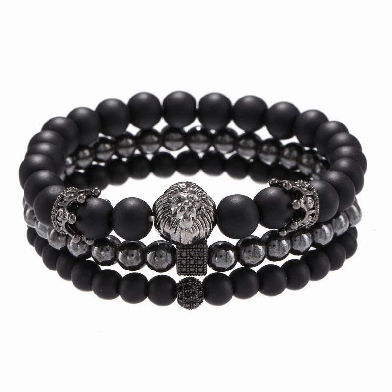 Wholesale Vintage Black Frosted Zircon Crown Dice Lion Head Bracelet Set