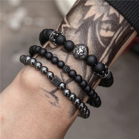 Wholesale Vintage Black Frosted Zircon Crown Dice Lion Head Bracelet Set