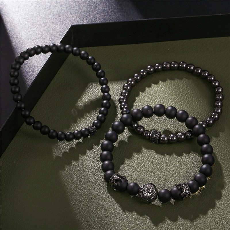 Wholesale Vintage Black Frosted Zircon Crown Dice Lion Head Bracelet Set