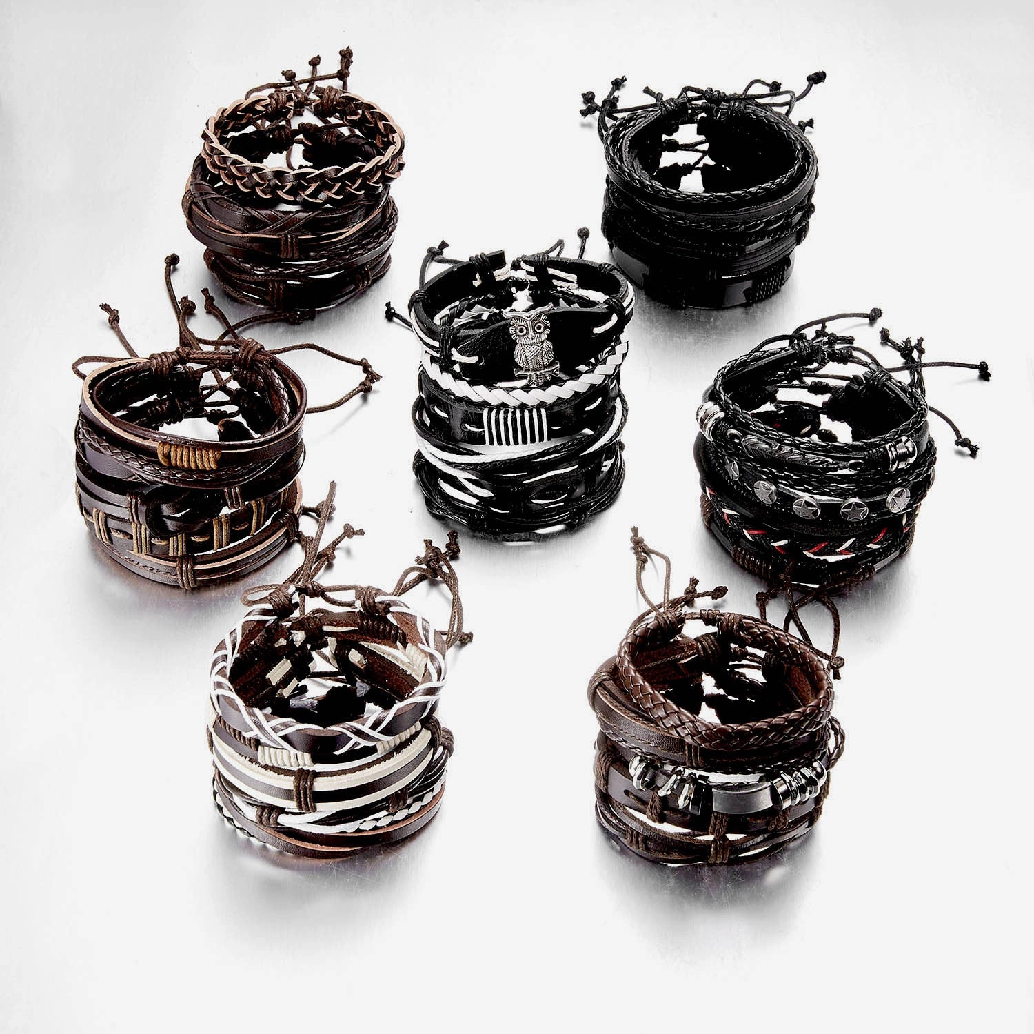 Wholesale Vintage Cross Leather Multi-layer Adjustable Hand-woven Men's Bracelet Set