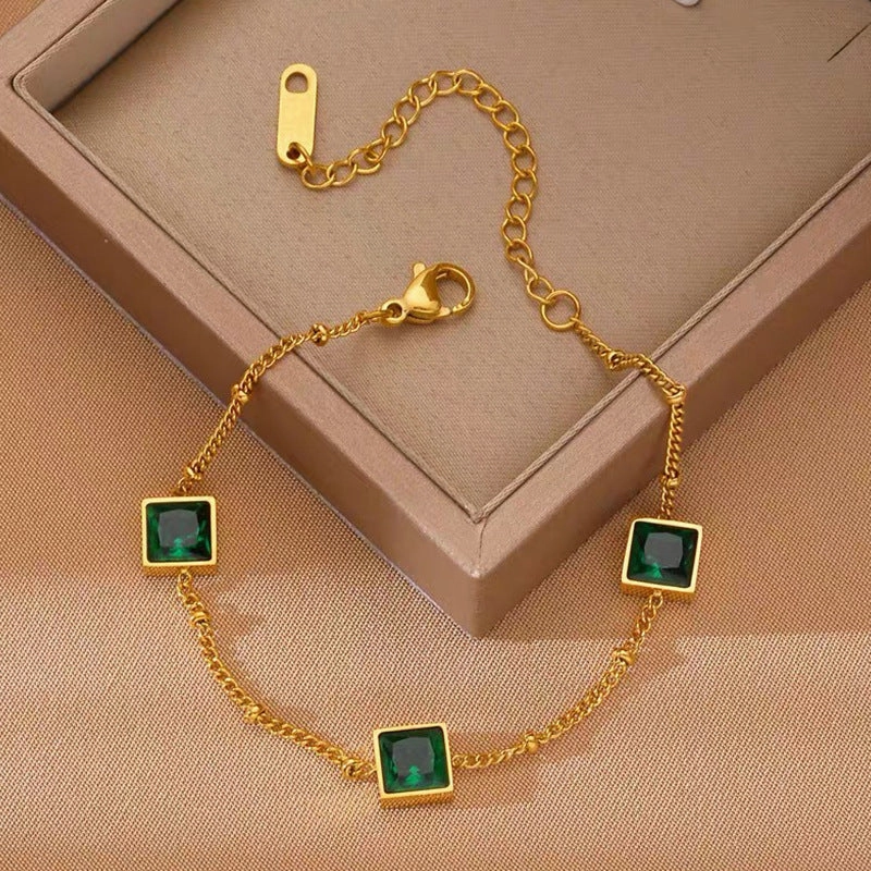 Wholesale Vintage Gold Square Inlaid Emerald Zircon Titanium Steel Bracelet
