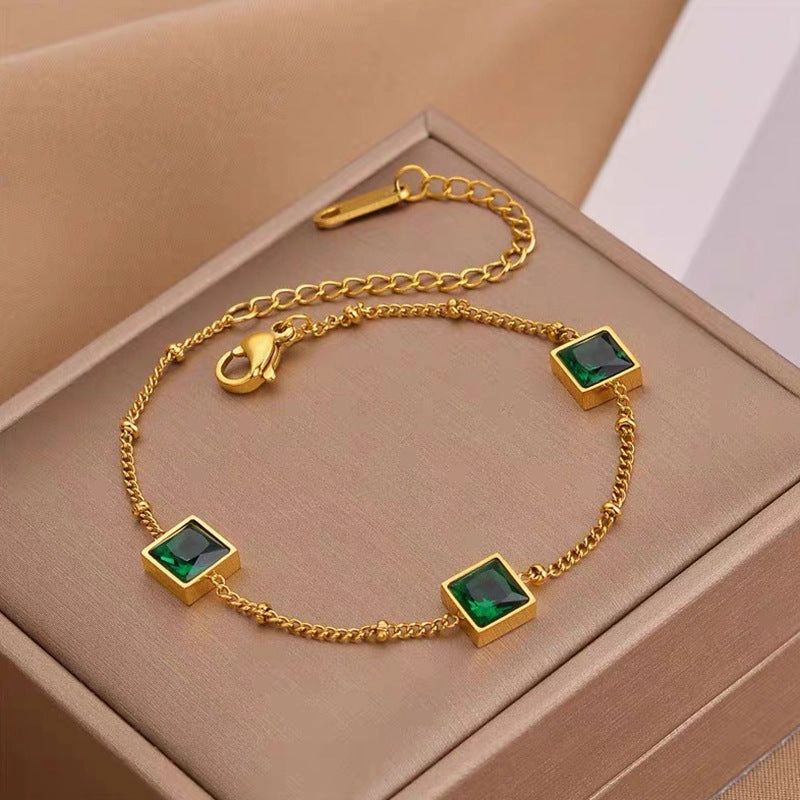 Wholesale Vintage Gold Square Inlaid Emerald Zircon Titanium Steel Bracelet