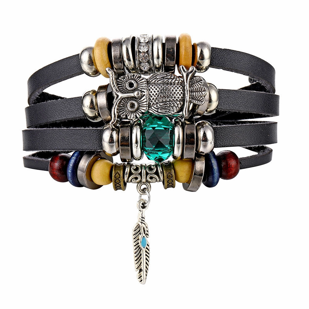 Wholesale Vintage Leaf Handwoven Multi-layer Leather Bracelet