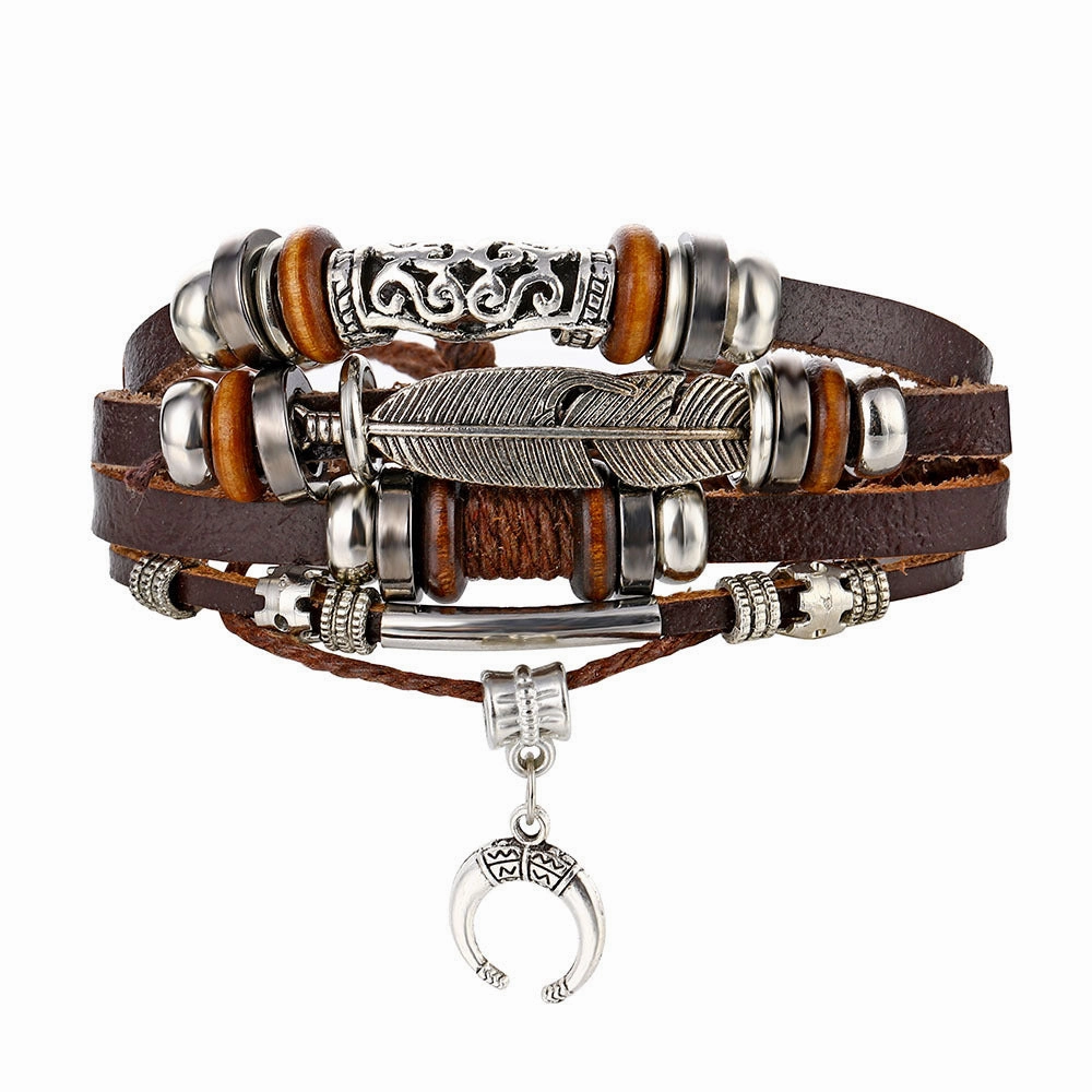 Wholesale Vintage Leaf Handwoven Multi-layer Leather Bracelet