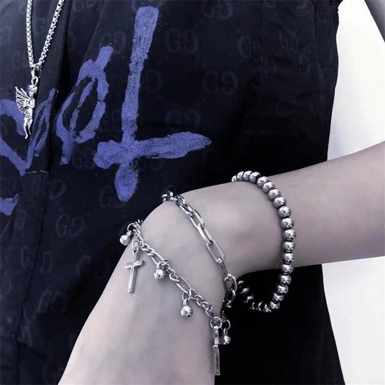 Wholesale Vintage Metal Double Cross Pendant Hip Hop Multi-layer Bracelet