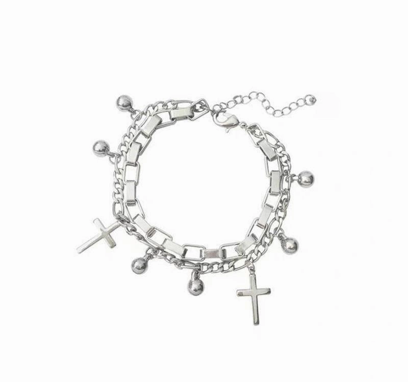 Wholesale Vintage Metal Double Cross Pendant Hip Hop Multi-layer Bracelet
