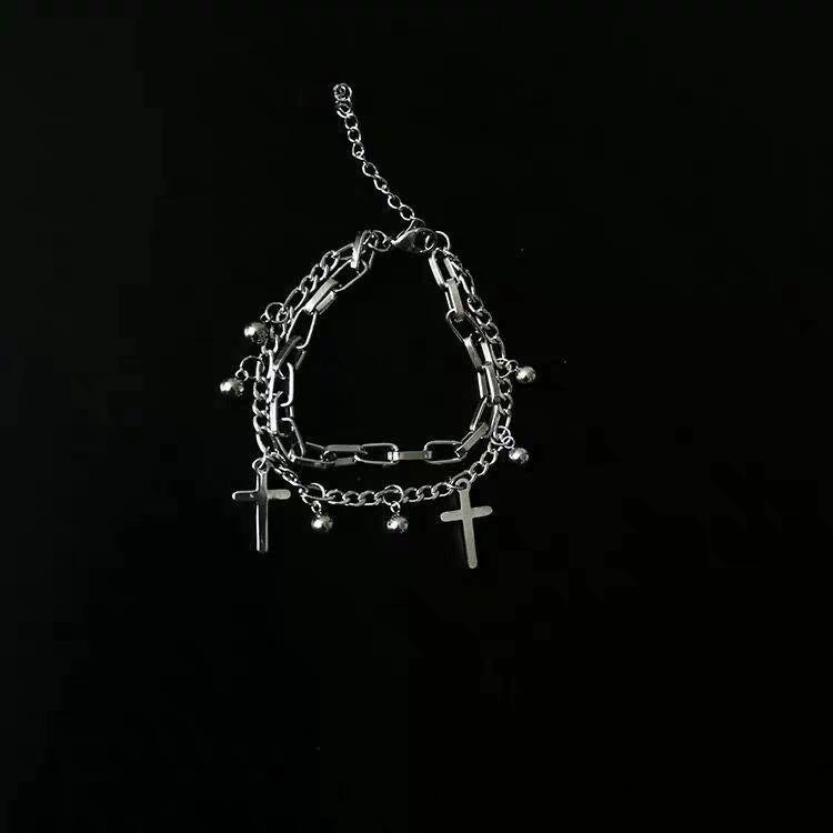 Wholesale Vintage Metal Double Cross Pendant Hip Hop Multi-layer Bracelet