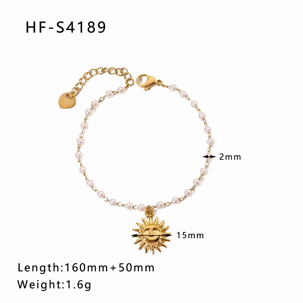 Wholesale Vintage Round Butterfly Natural Stone Zircon Pearl Stainless Steel Bracelet