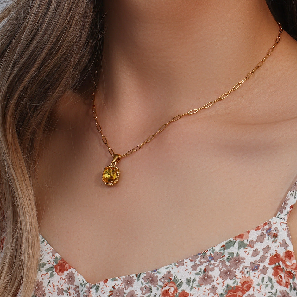 Wholesale Vintage Stainless Steel Paper Clip Chain Square Gemstone Necklace