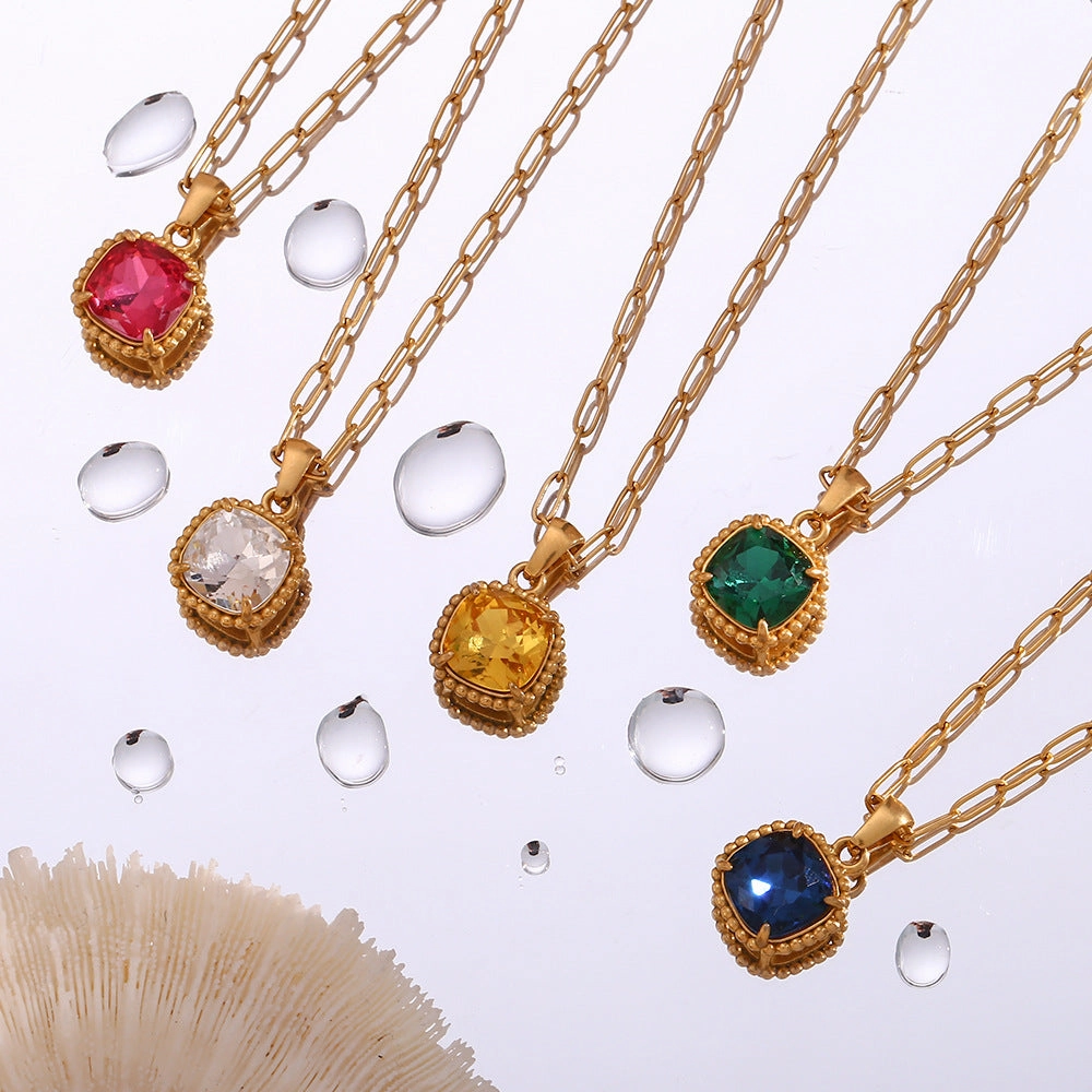 Wholesale Vintage Stainless Steel Paper Clip Chain Square Gemstone Necklace