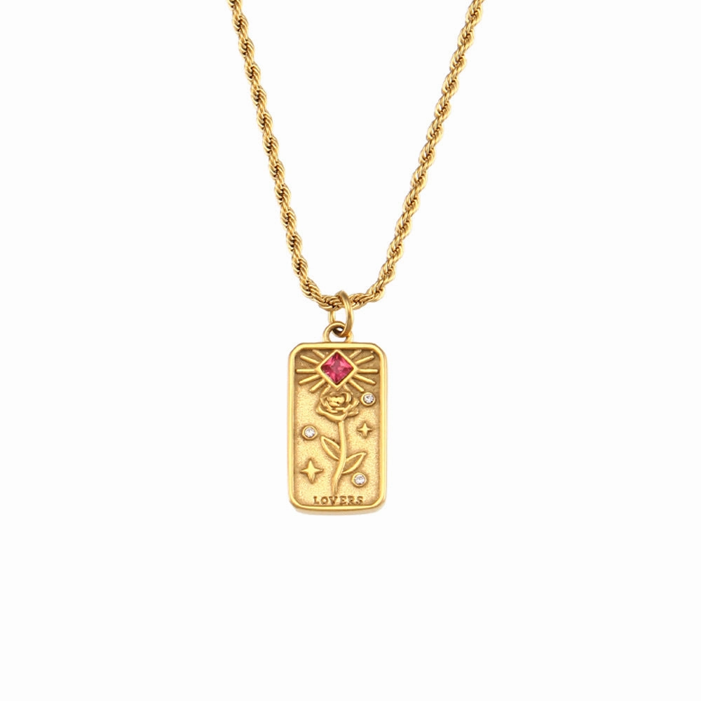 Wholesale Vintage Stainless Steel Rectangular Oil Dripping Zircon Tarot Card Necklace