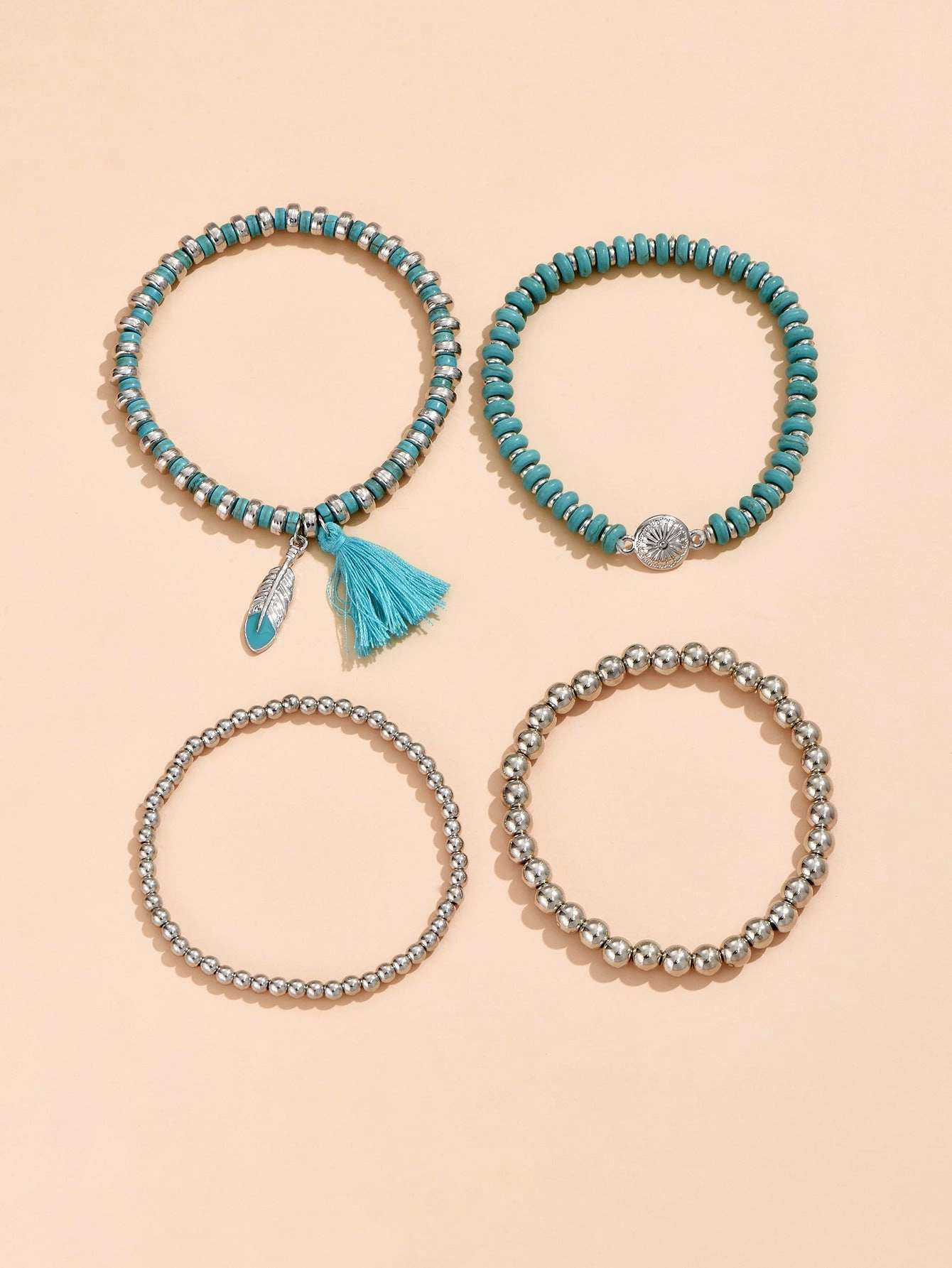 Wholesale Vintage Turquoise Alloy Beaded Bracelet Set of Four