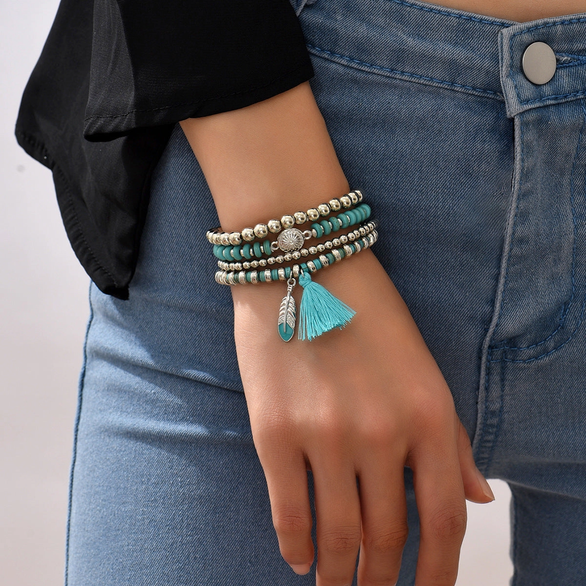 Wholesale Vintage Turquoise Alloy Beaded Bracelet Set of Four
