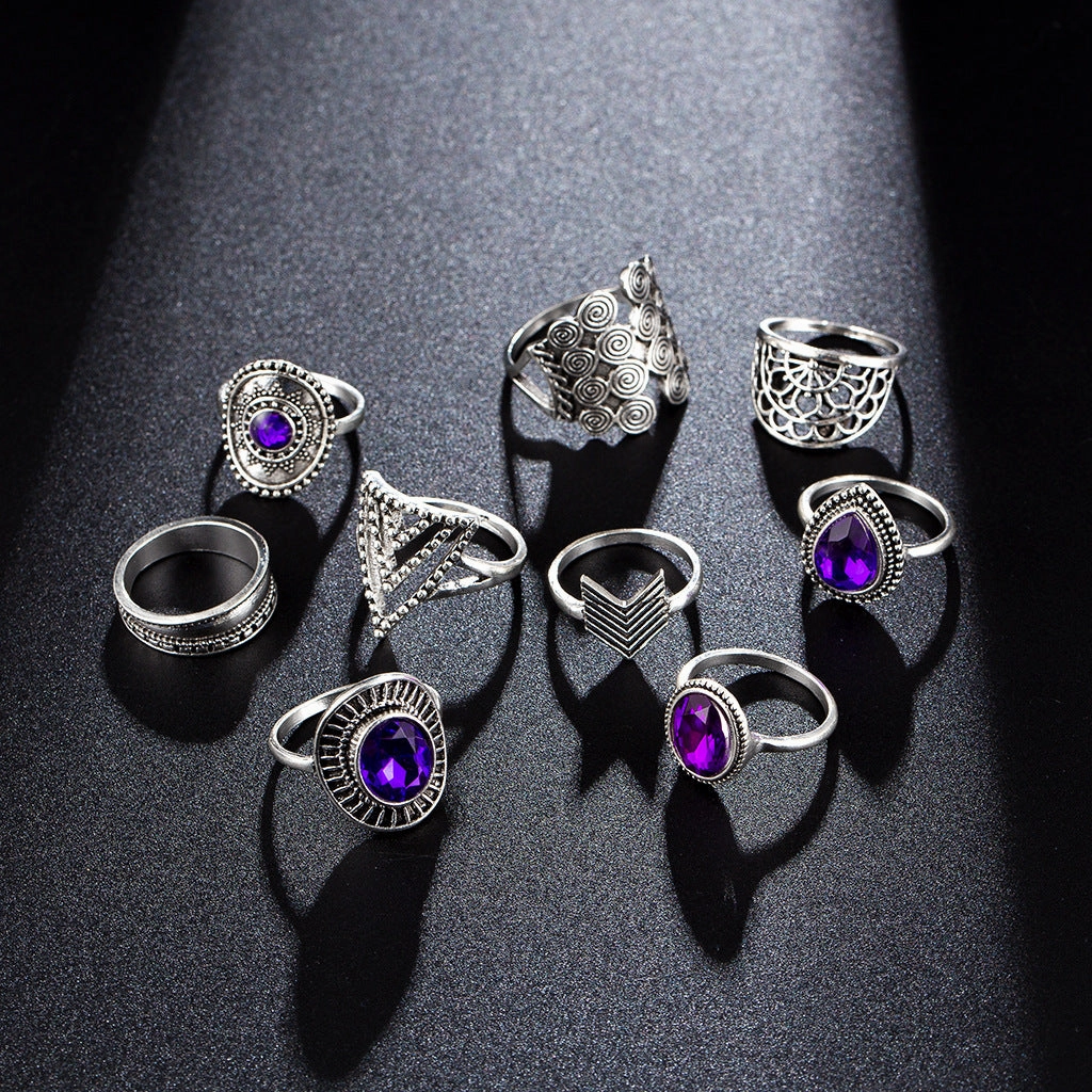 Wholesale Vintage Water Drop Amethyst Alloy Rings Set of 9