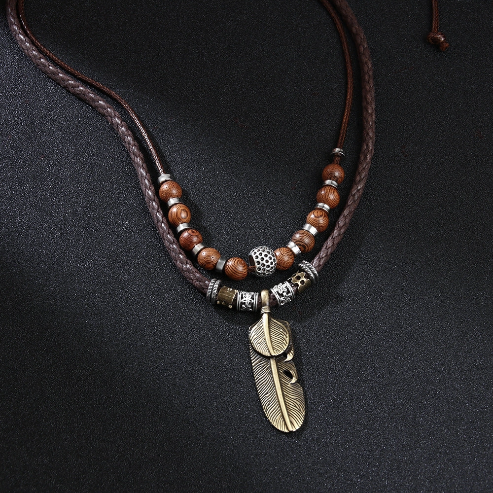 Wholesale Wax Rope Metal Feather Pendant Necklaces