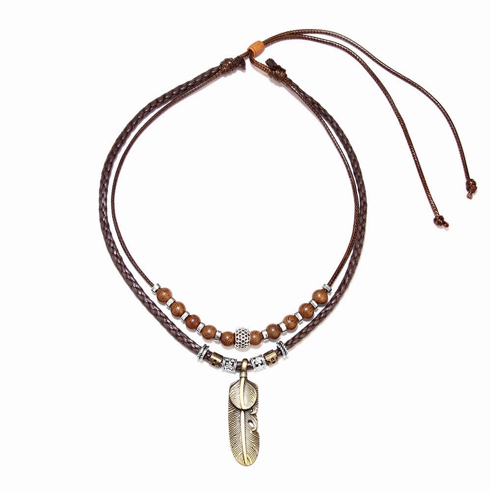 Wholesale Wax Rope Metal Feather Pendant Necklaces