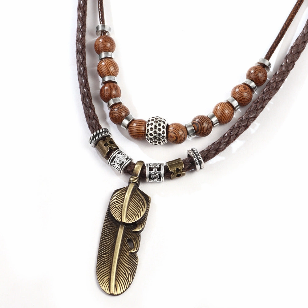 Wholesale Wax Rope Metal Feather Pendant Necklaces