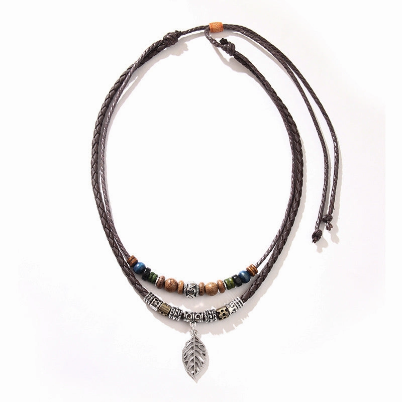 Wholesale Wax Rope Metal Feather Pendant Necklaces