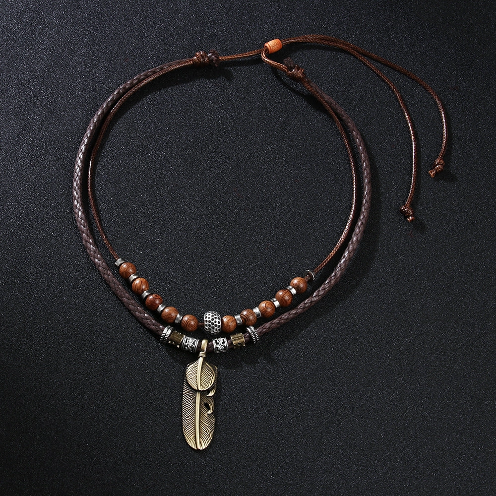 Wholesale Wax Rope Metal Feather Pendant Necklaces