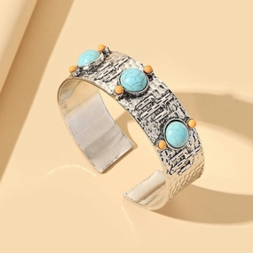 Wholesale Western Style Vintage Turquoise Cactus Carved Metal Bracelet
