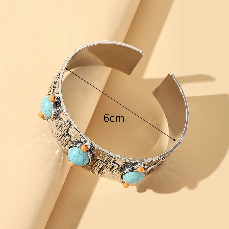 Wholesale Western Style Vintage Turquoise Cactus Carved Metal Bracelet