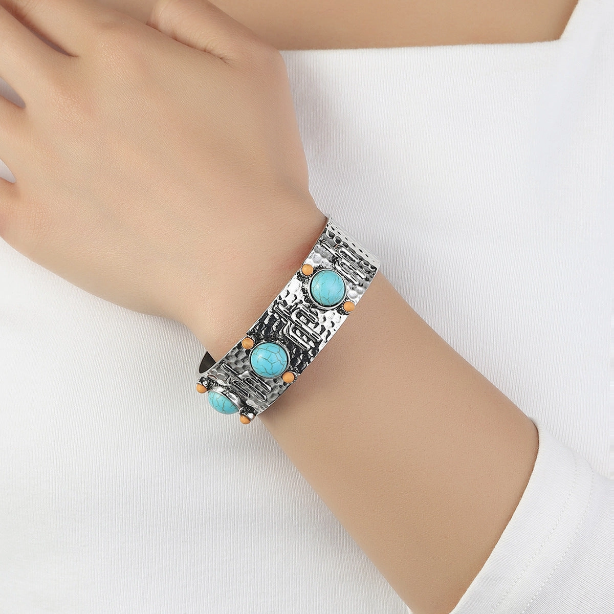 Wholesale Western Style Vintage Turquoise Cactus Carved Metal Bracelet