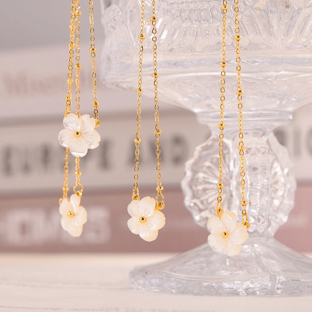 Wholesale White Sea Shell Flower Pendant Clip Bead Chain Titanium Steel Necklace