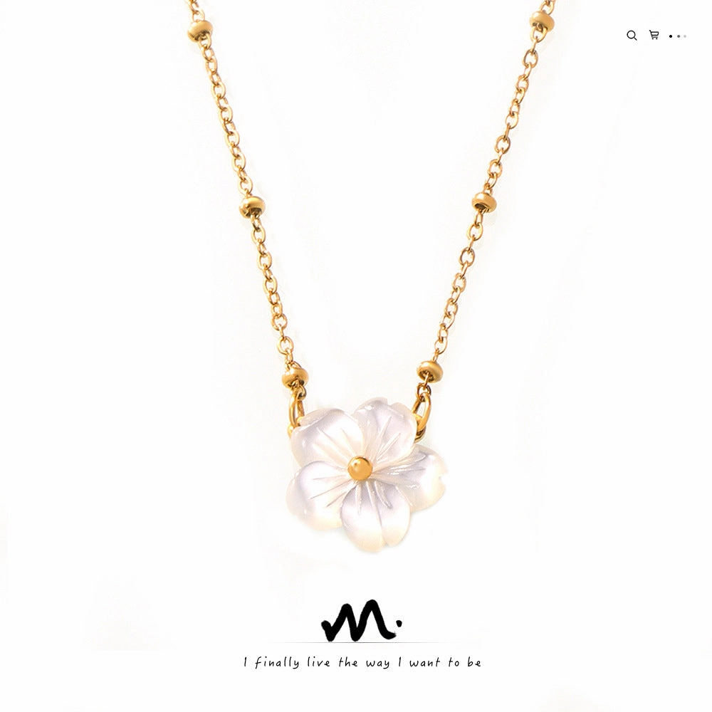 Wholesale White Sea Shell Flower Pendant Clip Bead Chain Titanium Steel Necklace