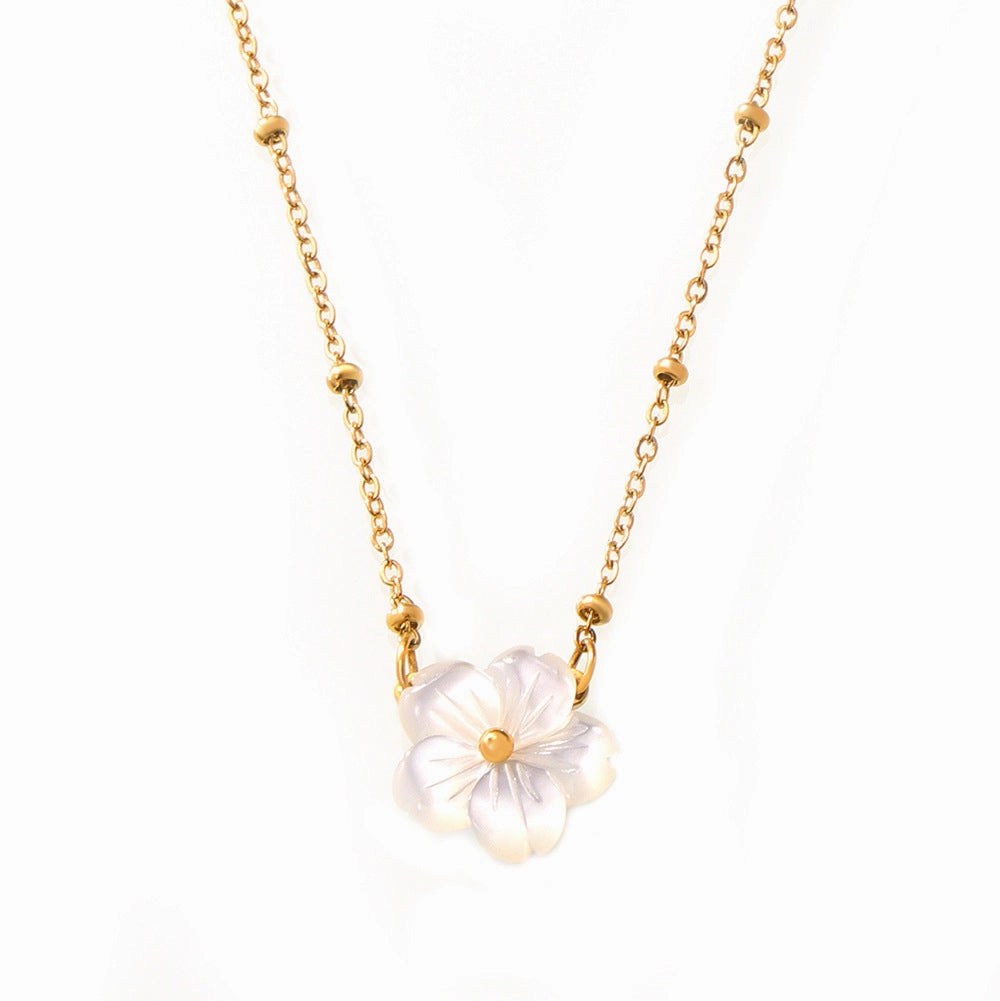 Wholesale White Sea Shell Flower Pendant Clip Bead Chain Titanium Steel Necklace