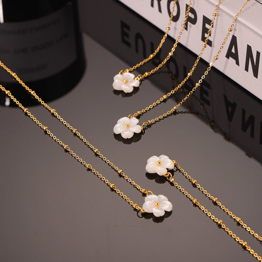 Wholesale White Sea Shell Flower Pendant Clip Bead Chain Titanium Steel Necklace
