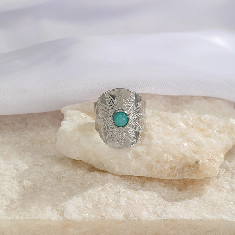 Wholesale Wide Face Stainless Steel Turquoise Live Mouth Ring