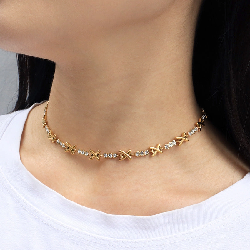 Wholesale X Shape Diamond Set Stainless Steel Necklaces