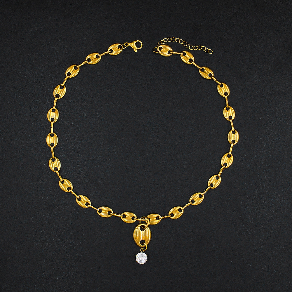 Wholesale Zircon Coffee Bean Titanium Steel Locking Chain Necklace