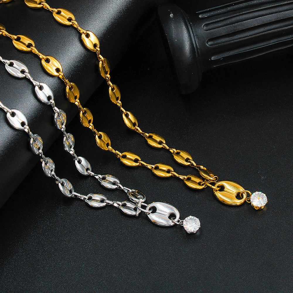 Wholesale Zircon Coffee Bean Titanium Steel Locking Chain Necklace