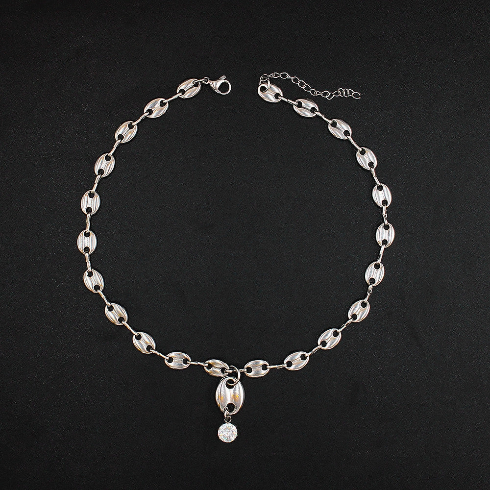 Wholesale Zircon Coffee Bean Titanium Steel Locking Chain Necklace