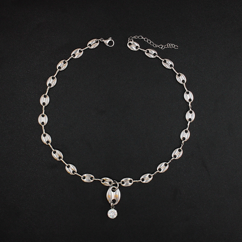 Wholesale Zircon Coffee Bean Titanium Steel Locking Chain Necklace