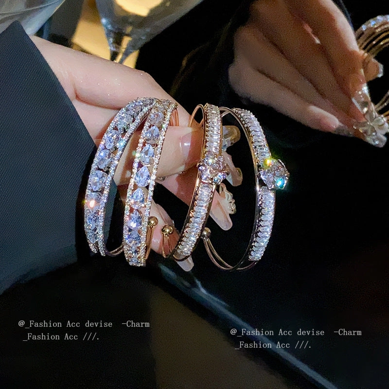 Wholesale Zircon Water Drop Double Layer Open Copper Bracelet